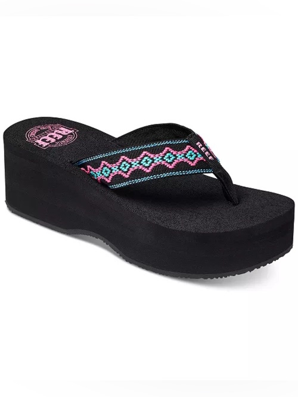 Reef Black Platform Flip Flop Sandals with Pink and Teal Patterned Straps